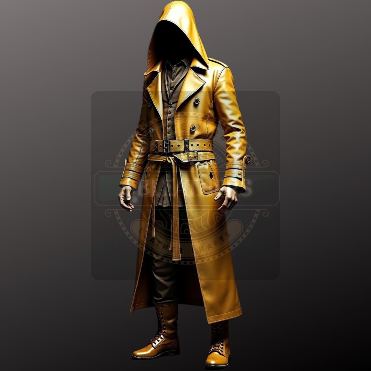 Handcrafted Gold Leather Trench Coat: Cosplay Military Style