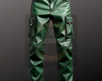Men&#39;s Green Leather Cargo Pants: Handmade Multi-Pocket Design