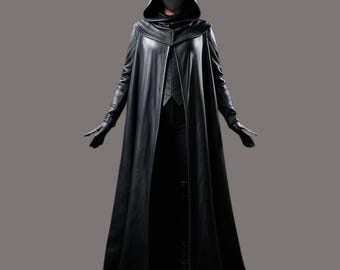 ブラックレザーケープ、フード付きウールマント、冬用セーターコート