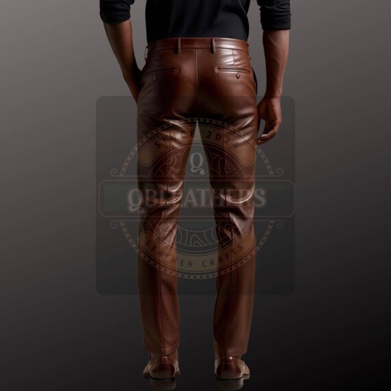 Pantalones de cuero marrón hechos a mano Moda de corte entallado