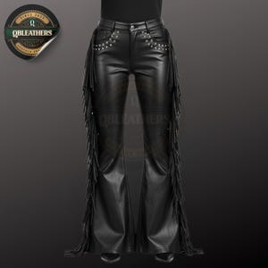 Handmade Black Leather Fringe Pants: Studded Western Flared Trousers