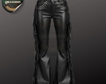 Handmade Black Leather Fringe Pants: Studded Western Flared Trousers