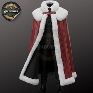 Premium Leder Santa Umhang mit weißem Pelzbesatz - Kapuzen Urlaub Umhang - Gothic Weihnachtsumhang - Santa inspiriert