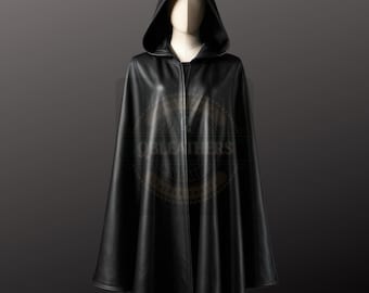 ブラックレザーケープ、フード付きウールマント、冬用セーターコート