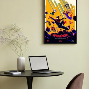 May include: A poster for the movie Spider-Man: Into the Spider-Verse. The poster features a yellow background with a cityscape and multiple Spider-Man characters in action poses. The text "Spider-Man: Into the Spider-Verse" is displayed in a bold, red font.