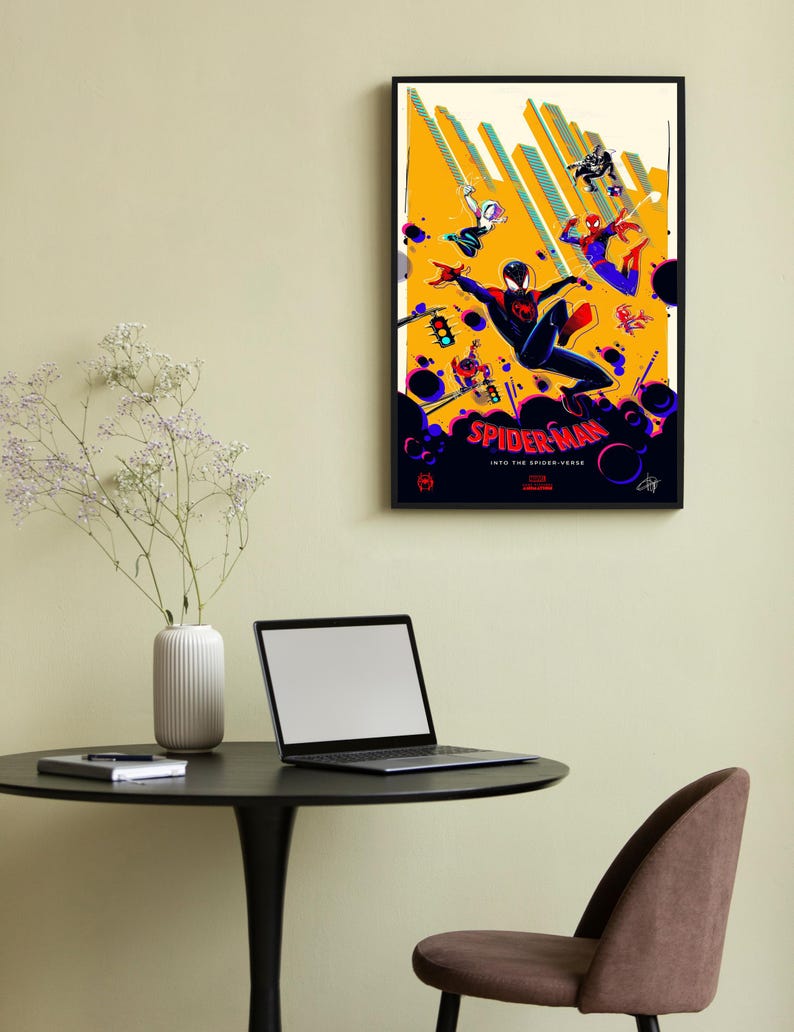 May include: A poster for the movie Spider-Man: Into the Spider-Verse. The poster features a yellow background with a cityscape and multiple Spider-Man characters in action poses. The text "Spider-Man: Into the Spider-Verse" is displayed in a bold, red font.