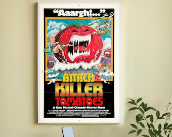 殺人トマトの襲撃（古いポスターには折り目があります）映画ポスター - 高品質キャンバス映画ポスター - ウォールアート - ホームデコレーション
