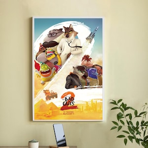 Peut inclure: Une affiche encadrée du film "Les Mauvais Garçons 2" avec des personnages animés. L'affiche a un bord blanc et le texte "IN THEATERS AUGUST 1". Les personnages sont de couleurs variées, dont le blanc, le noir, le bleu et le jaune.