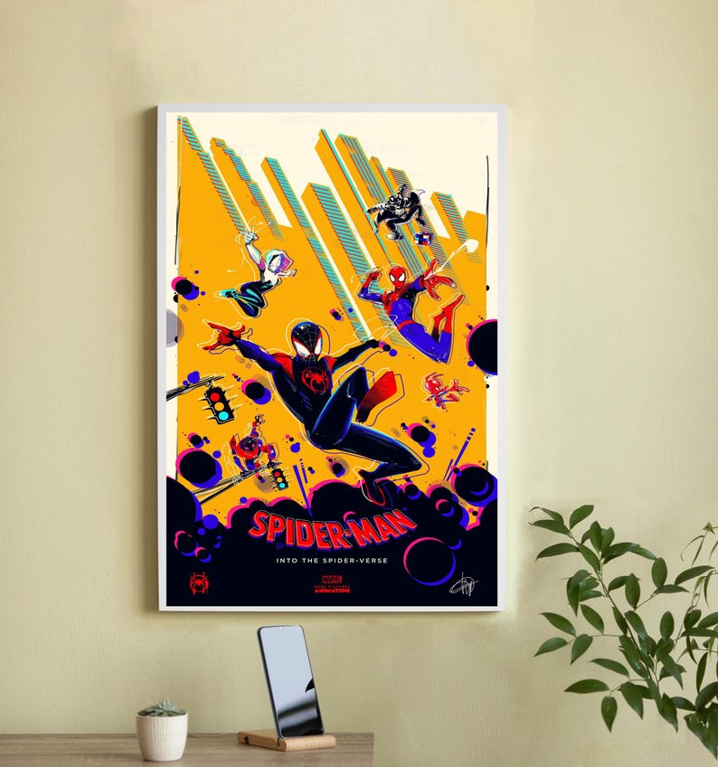 May include: A colorful poster for the movie Spider-Man: Into the Spider-Verse. The poster features multiple Spider-Man characters in action poses against a yellow background with black and purple accents. The text "Spider-Man: Into the Spider-Verse" is displayed at the bottom of the poster.