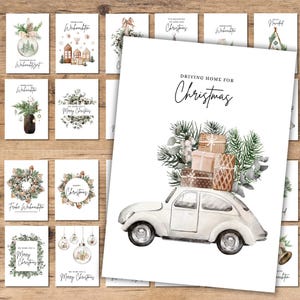 Könnte beinhalten: Eine Sammlung von Weihnachtskarten mit Aquarellillustrationen. Eine Karte zeigt ein weißes Auto mit Geschenken und Grünzeug, mit dem Text "Driving Home for Christmas". Andere Karten zeigen festliche Designs und Grüße wie "Merry Christmas" und "Frohe Weihnachten".