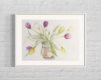 Eine Vase mit gelben und lila Tulpen - original handgezeichneter botanischer Druck in Pastellkreide (ungerahmt)