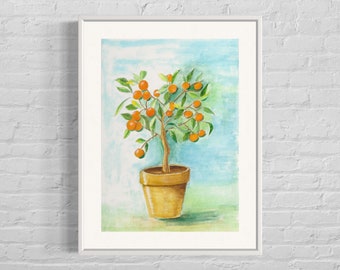 Orange Tree in a terracotta pot - original hand drawn and hand painted botanical print in watercolour (unframed)