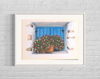 Italian window box with mixed Bouvardia flowers in a terracotta pot - original hand drawn and painted botanical print in acrylic (unframed)