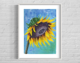 Yellow Sunflower - original hand drawn and hand painted botanical print in acrylic (unframed)