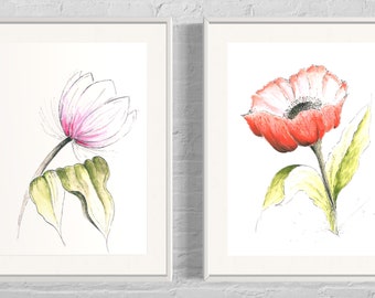 Pink Tulip and red Poppy botanical prints, available to buy individually or as a set.  Hand drawn and hand painted using gouache/pen and ink