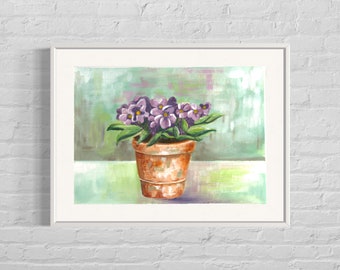 African Violets in a terracotta pot - original hand drawn and hand painted Botanical print in acrylic (unframed)