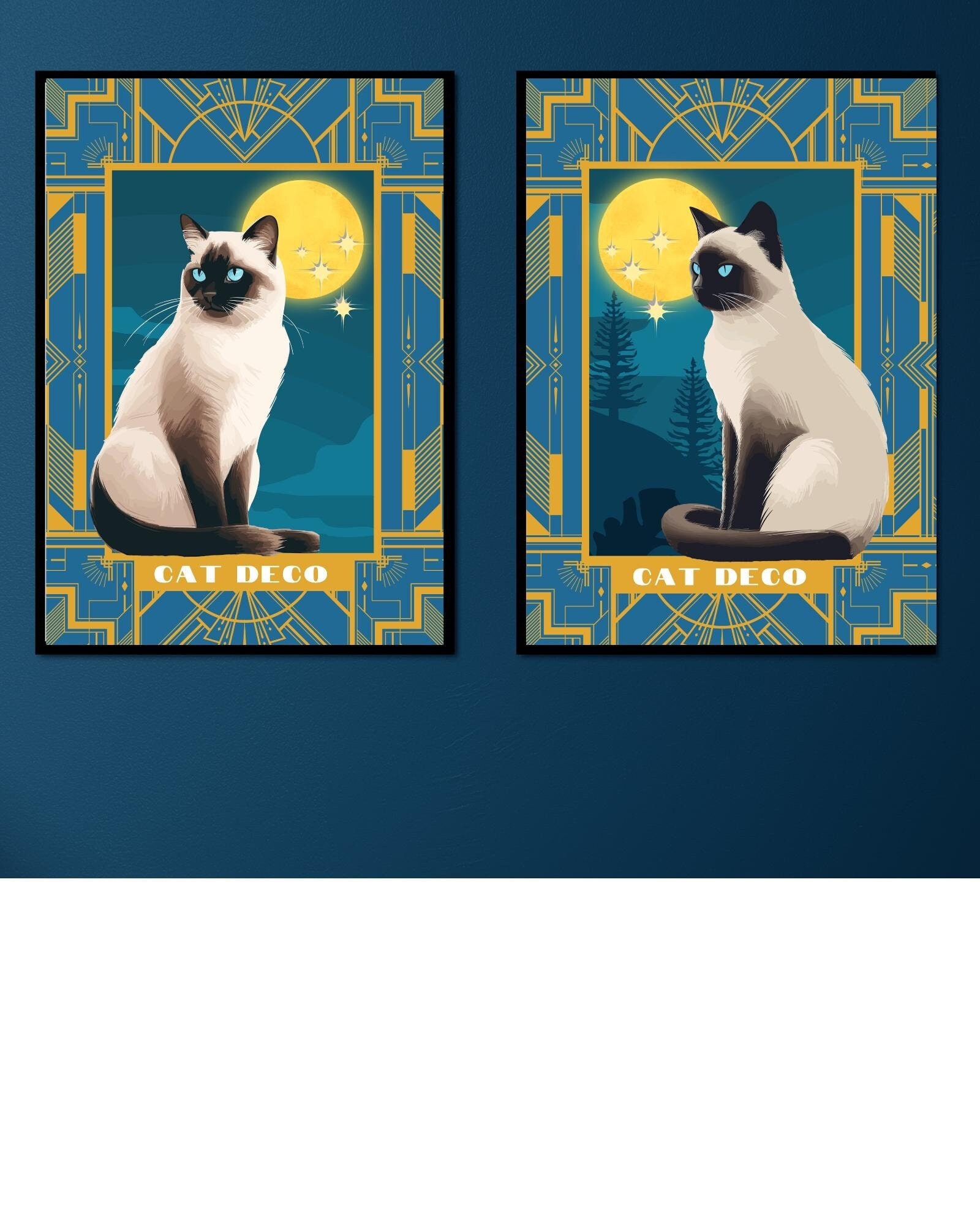 Gallery Wall Collection Vintage Siamese Cat Prints in Faux Bamboo Frames - a Pair