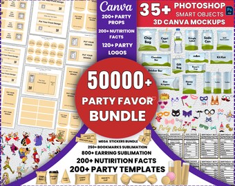 50000+ Party Favor Templates Bundle, Party Favors, Chip Bag Templates, Water Bottle Labels, Party Mock ups , Nutrition Facts, Canva Editable