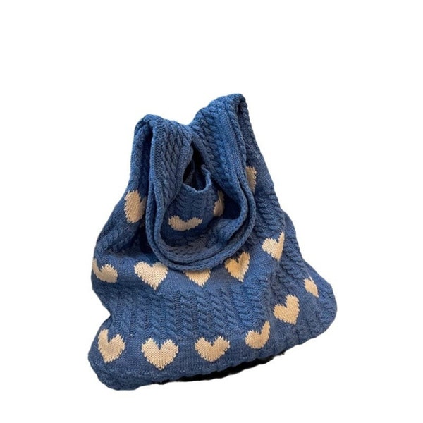 Simple Retro Love Knitted Hand-Held Shoulder Bag - Versatile Large Bag for Women - Fresh and Sweet Style