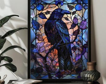 Stained Glass Crow Jigsaw Puzzle Art Gift 300/500/1000 Piece Halloween Raven Puzzles Halloween Decor Gift Spooky Crow Wall Decor Family Game