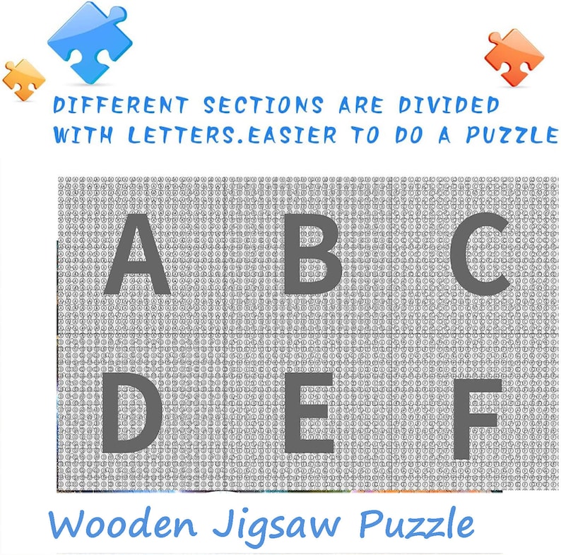 May include: A wooden jigsaw puzzle with a grid pattern. The puzzle is divided into six sections labeled with the letters A, B, C, D, E, and F. The text "DIFFERENT SECTIONS ARE DIVIDED WITH LETTERS. EASIER TO DO A PUZZLE" is at the top of the image. The text "Wooden Jigsaw Puzzle" is at the bottom of the image.