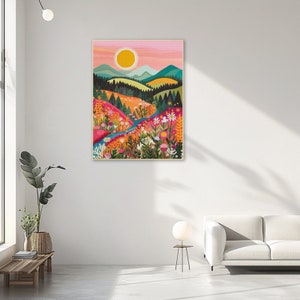 May include: A colourful illustration of a landscape with a sun, mountains, trees, and flowers. The colours are bright and vibrant, and the overall style is whimsical and cheerful.