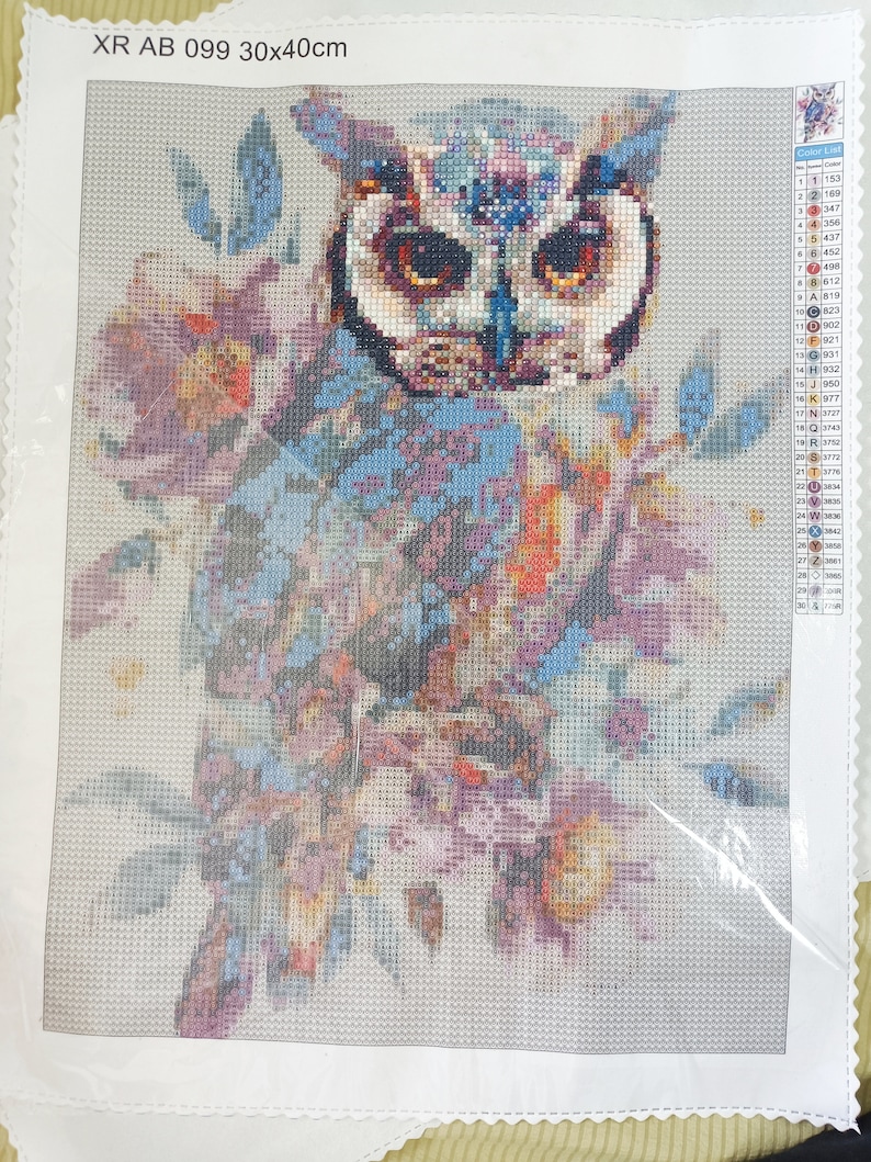 May include: A diamond painting kit featuring an owl with a colorful floral design. The kit includes a canvas, rhinestones, and instructions. The canvas is 30 inches by 40 inches.