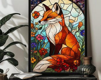 Stained Glass Forest Fox Jigsaw Puzzle，300/500/1000 Fox Photo Puzzles，Wooden Fox Picture Puzzle,Fox Wall Art Decor，Fox Lover Gift for Him
