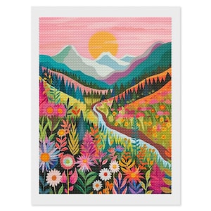 May include: A colourful illustration of a mountain landscape with a winding river flowing through a field of flowers. The sky is a soft pink and orange, and the sun is setting behind the mountains.