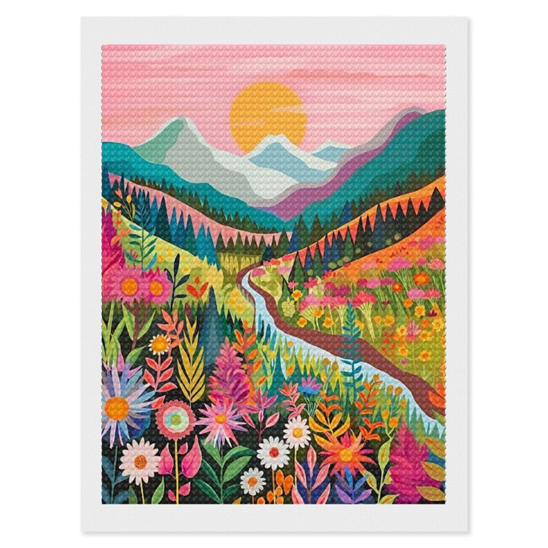 May include: A colourful illustration of a mountain landscape with a winding river flowing through a field of flowers. The sky is a soft pink and orange, and the sun is setting behind the mountains.