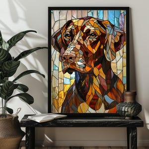 May include: A stained glass style illustration of a brown dog's head. The dog's eyes are brown and the background is a mosaic of colorful glass.