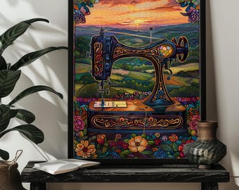 Stained Glass Floral Sewing Machine Jigsaw Puzzle 300/500/1000 Pieces Sewing Flower Art Sewing Craft Room， Quilting Birthday Gift For Mom