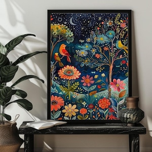May include: A vibrant, colorful painting of a night garden with blooming flowers, lush foliage, and birds perched on branches. The background is a dark blue sky with stars and a crescent moon.