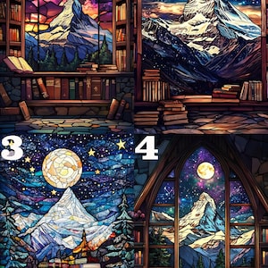 May include: Four stained glass windows depicting a mountain range with a full moon and stars in the night sky. Each window is framed by a wooden archway and a bookshelf filled with books. The windows are numbered 1 through 4.