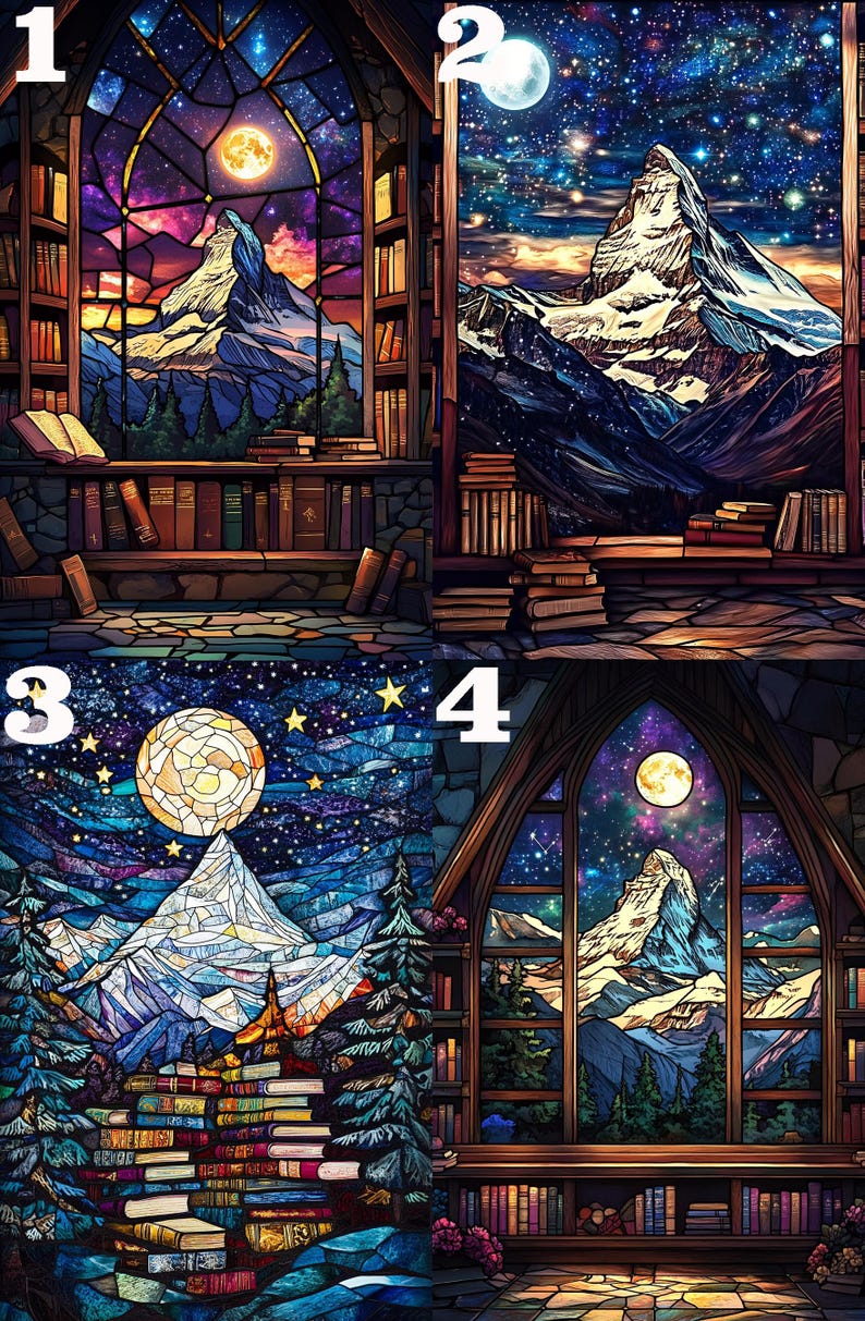 May include: Four stained glass windows depicting a mountain range with a full moon and stars in the night sky. Each window is framed by a wooden archway and a bookshelf filled with books. The windows are numbered 1 through 4.