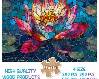 Casse-tête fleur de lotus en vitrail, 300 500 1000 pièces, lotus en bois, puzzles photo, art mural, cadeau d'anniversaire pour maman, art mural inspiré de la nature