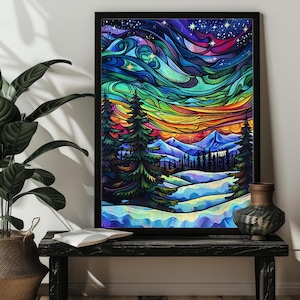 K&ouml;nnte beinhalten: Ein farbenfrohes abstraktes Gem&auml;lde einer Winterlandschaft mit Sternenhimmel, Bergen und Kiefern. Der Himmel ist ein lebendiger Mix aus Blau, Gr&uuml;n, Lila und Orange mit wirbelnden Linien und Sternen. Die Berge sind dunkelblau und die B&auml;ume dunkelgr&uuml;n. Der Schnee ist hellblau und wei&szlig;.