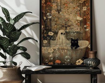 Ghost and Cat in Bathtub Jigsaw Puzzle Gift,300/500/1000 Piece Spooky Dark Art Puzzles Halloween Gift Family Whimsigoth Bathroom Decor