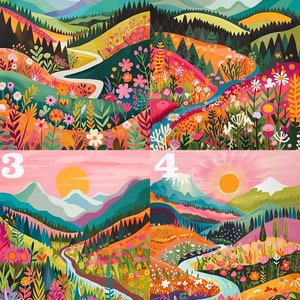 May include: A colourful illustration of a winding path through a field of flowers with mountains in the background. The sky is pink and there are four suns in the sky, each with a number 1-4.