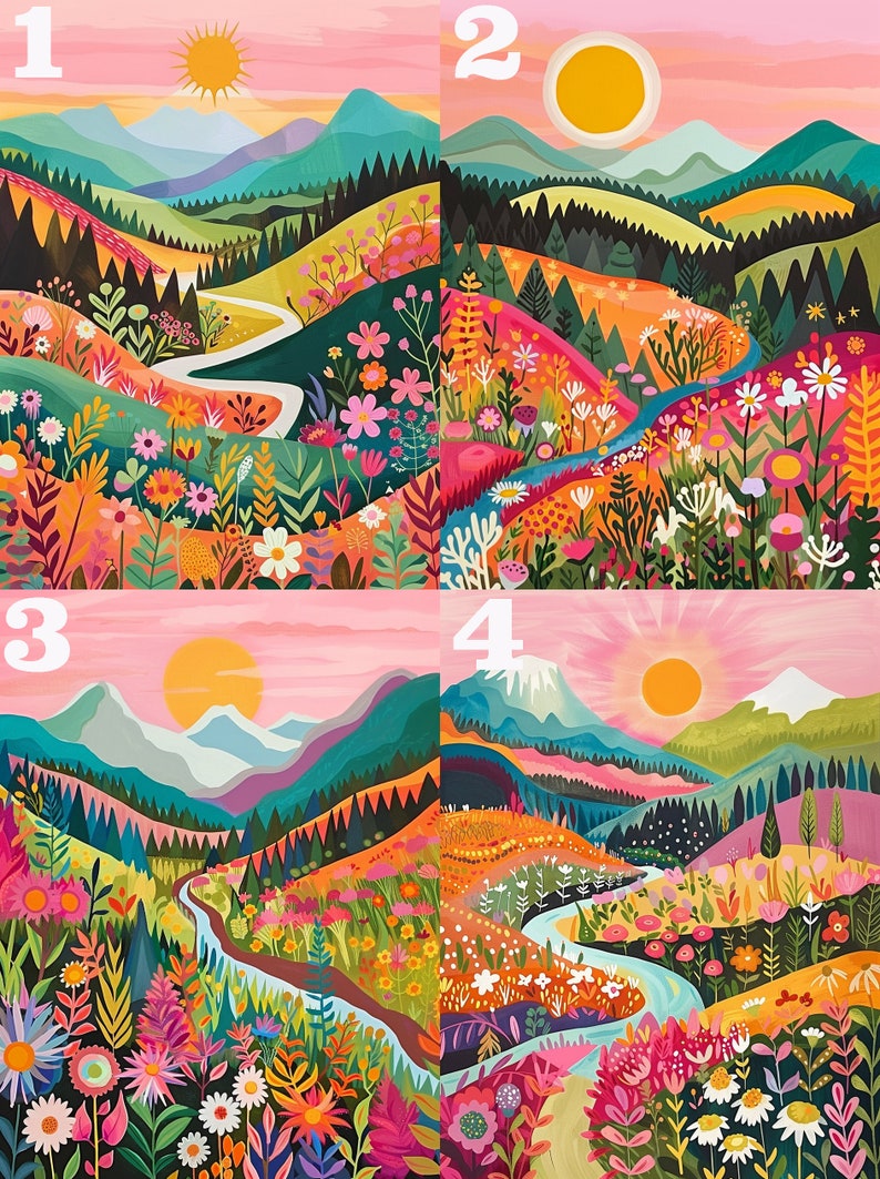 May include: A colourful illustration of a winding path through a field of flowers with mountains in the background. The sky is pink and there are four suns in the sky, each with a number 1-4.