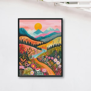May include: A colourful illustration of a landscape with a winding river, mountains, and a bright yellow sun in the sky. The landscape is filled with flowers in shades of pink, purple, red, and yellow.