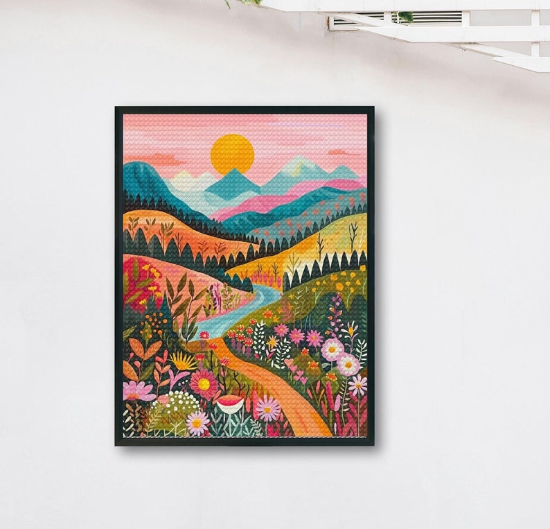 May include: A colourful illustration of a landscape with a winding river, mountains, and a bright yellow sun in the sky. The landscape is filled with flowers in shades of pink, purple, red, and yellow.