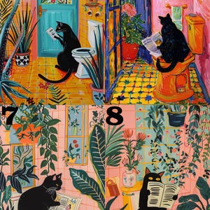 May include: Four illustrations of black cats reading newspapers while sitting on toilets in bathrooms with pink and yellow walls and lush green plants.