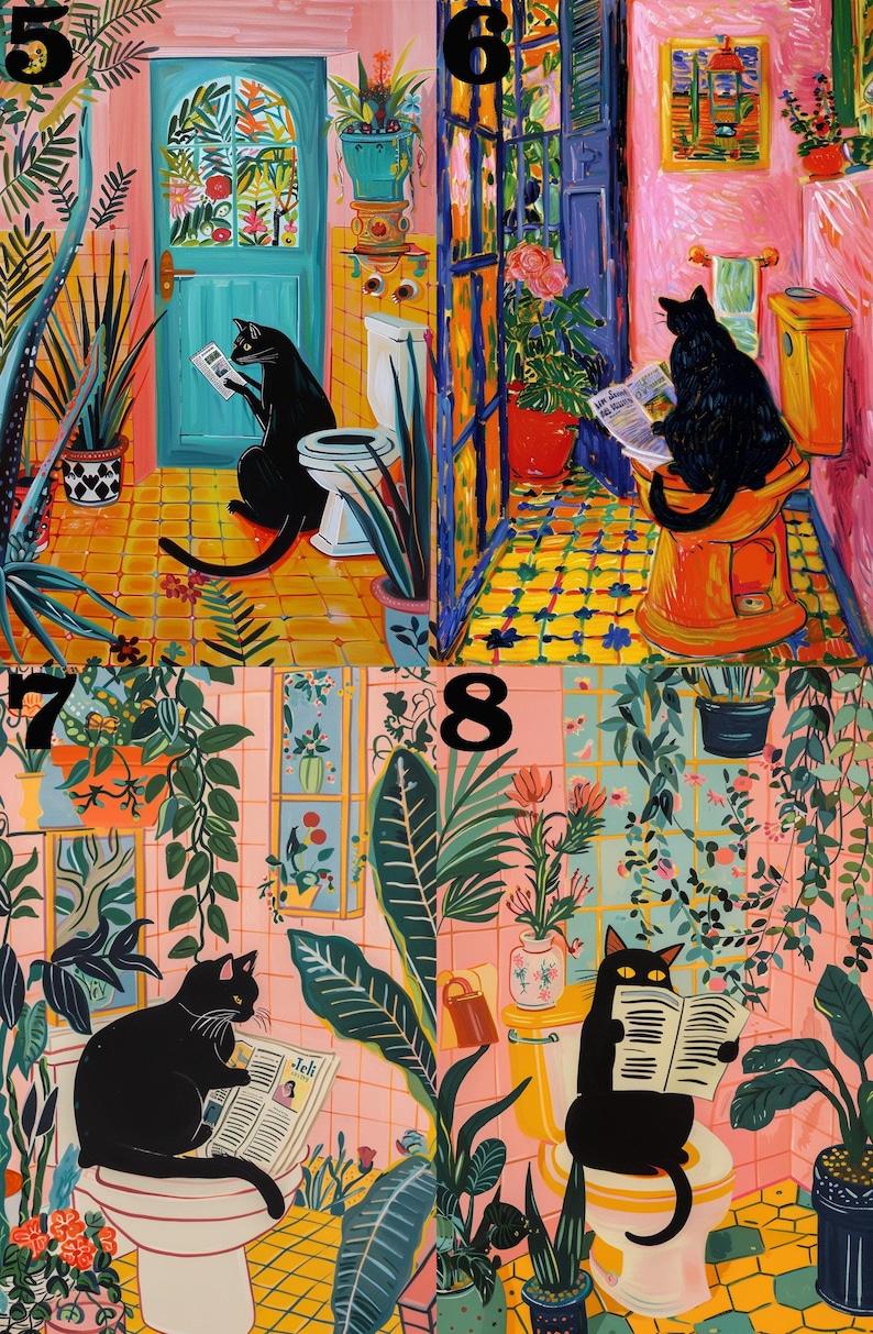 May include: Four illustrations of black cats reading newspapers while sitting on toilets in bathrooms with pink and yellow walls and lush green plants.