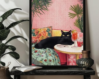Cozy Black Ginger Cat Cocktail Jigsaw Puzzle 200/300/500/1000 Piece Charming Ginger Cat Art Puzzles，Bar Cart Kitchen Decor，Cat Owner Gift