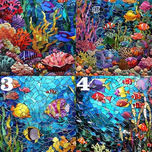 May include: A vibrant stained glass artwork depicting an underwater scene. Colorful fish of various species swim among coral and seaweed. The mosaic-style design features shades of blue, green, orange, and red, creating a lively aquatic environment.