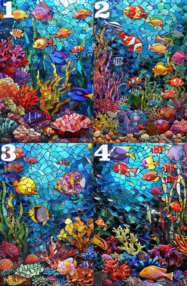 May include: A vibrant stained glass artwork depicting an underwater scene. Colorful fish of various species swim among coral and seaweed. The mosaic-style design features shades of blue, green, orange, and red, creating a lively aquatic environment.