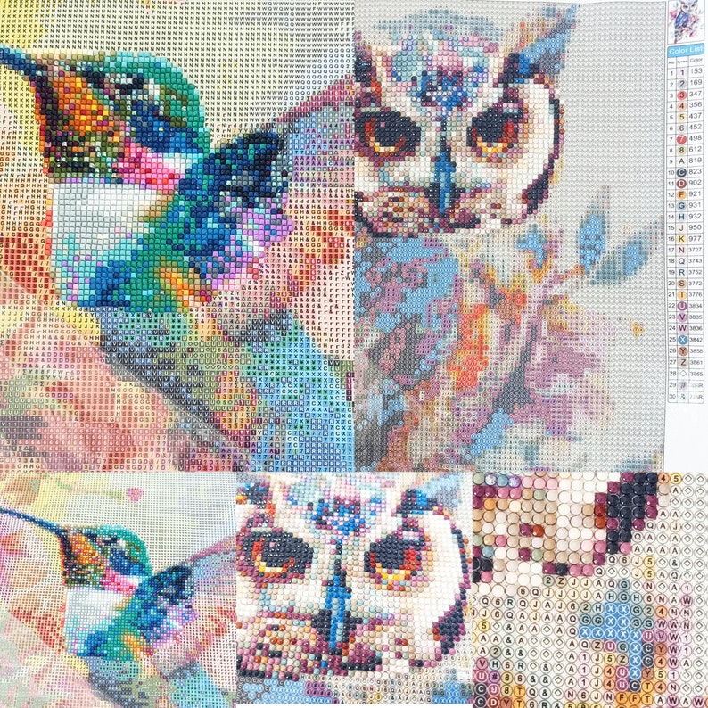 May include: A colorful diamond painting featuring two owls and two hummingbirds. The owls have large, round eyes and are surrounded by flowers. The hummingbirds are in flight and have vibrant green, blue, and pink feathers.