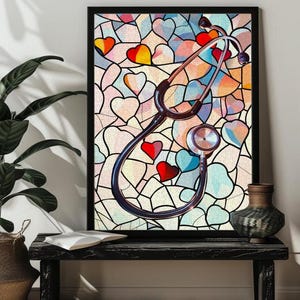 May include: A colorful stained glass style image of a stethoscope with a red, orange, and blue heart design. The stethoscope is surrounded by a mosaic of hearts in various shades of pink, blue, and yellow.