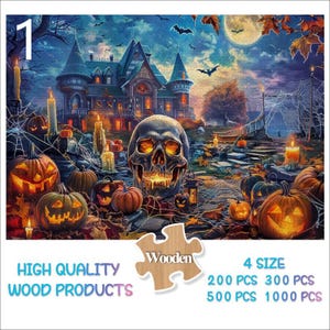 500,1000 Pieces Spooky Halloween Jigsaw Puzzle for Adult，Haunted House Skull Bat Ghost Pumpkin Holiday Puzzles Art,Halloween Gift for Family